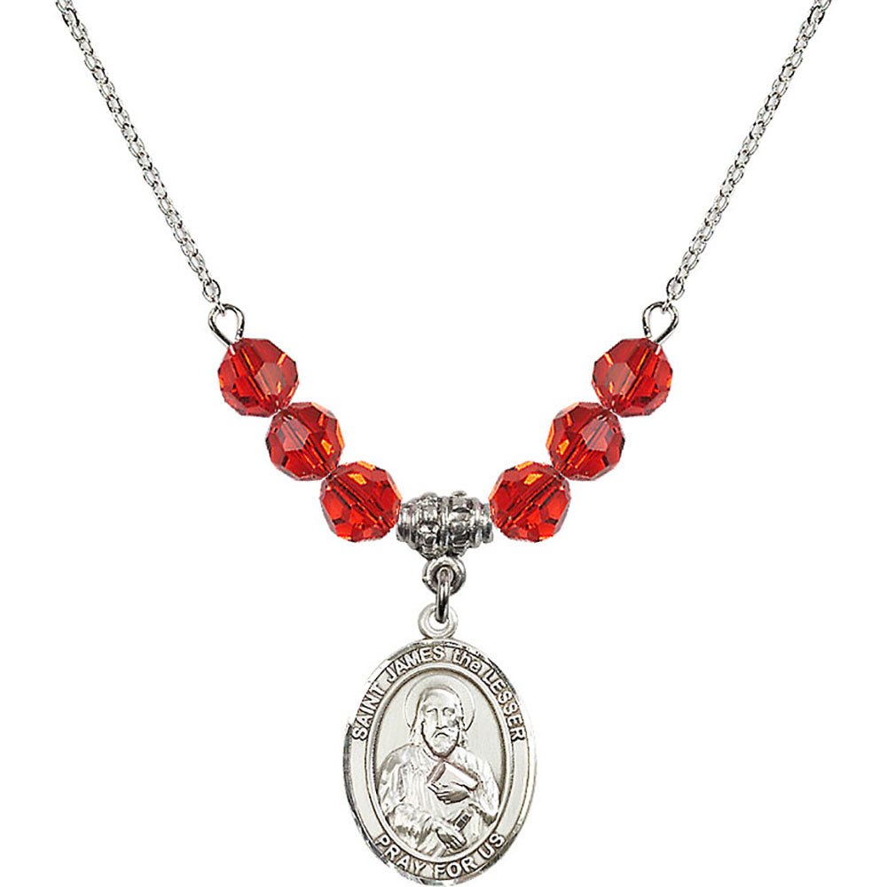 Sterling Silver Saint James the Lesser Birthstone Necklace with Ruby Beads - 8277