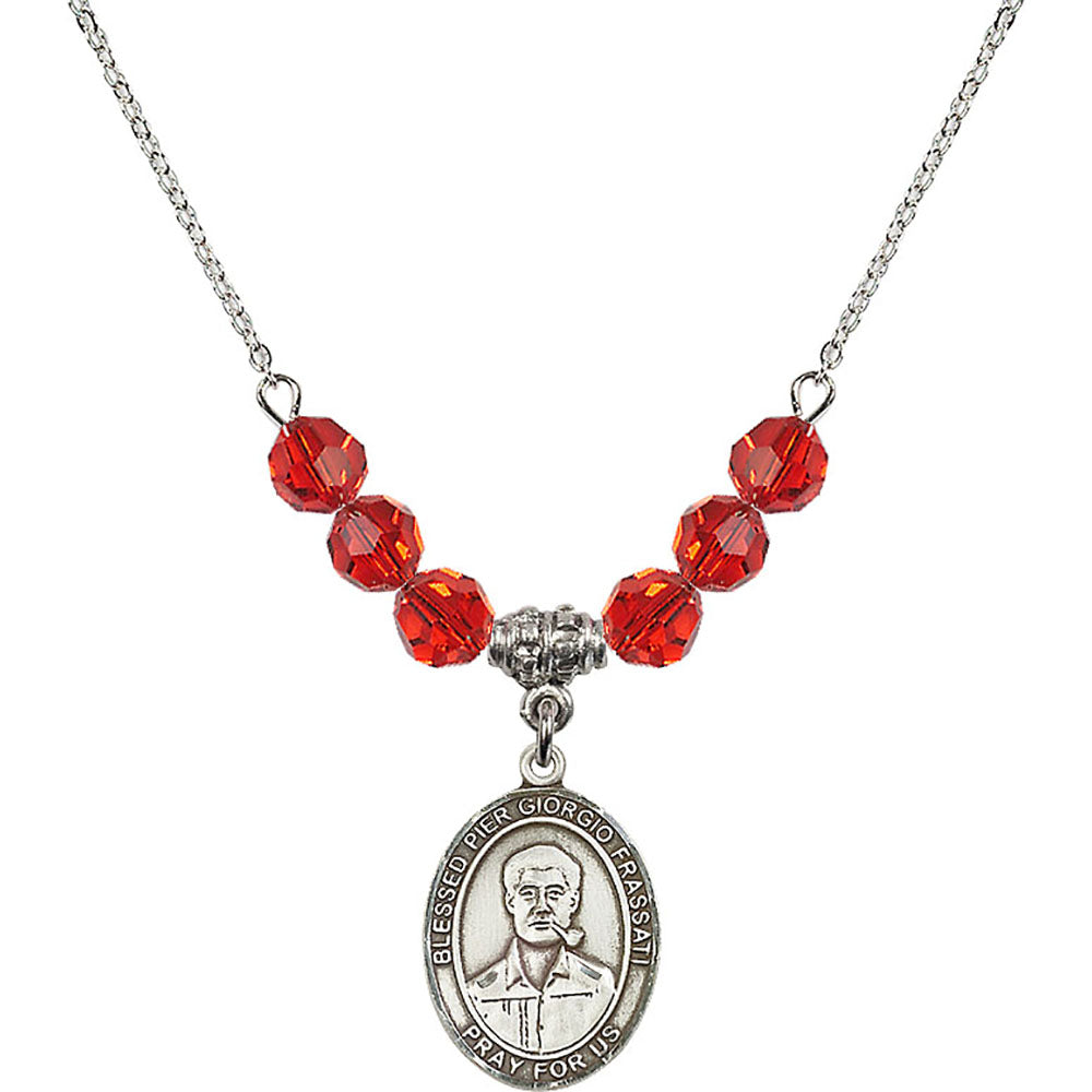 Sterling Silver Blessed Pier Giorgio Frassati Birthstone Necklace with Ruby Beads - 8278