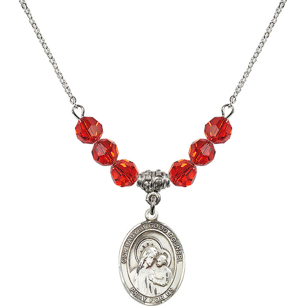 Sterling Silver Our Lady of Good Counsel Birthstone Necklace with Ruby Beads - 8287