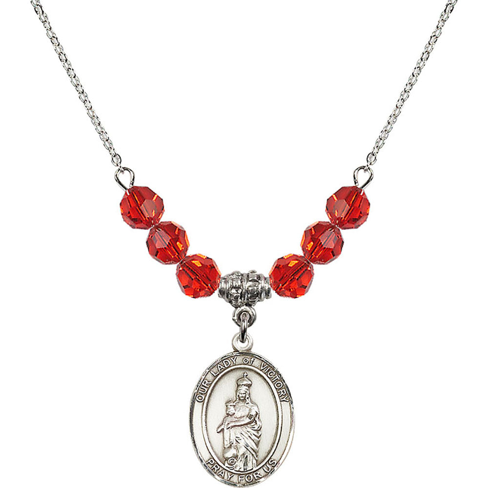 Sterling Silver Our Lady of Victory Birthstone Necklace with Ruby Beads - 8306