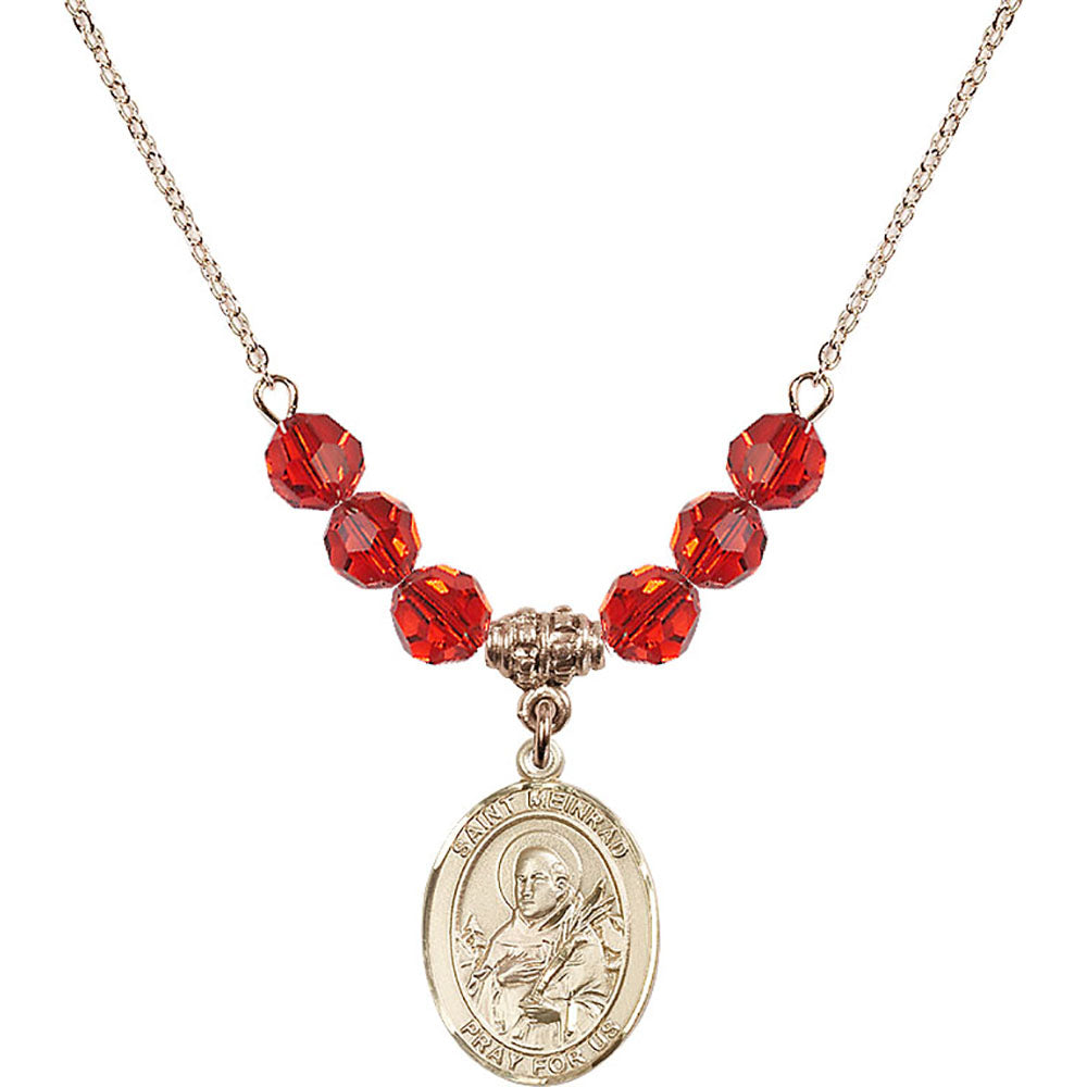 14kt Gold Filled Saint Meinrad of Einsiedeln Birthstone Necklace with Ruby Beads - 8307
