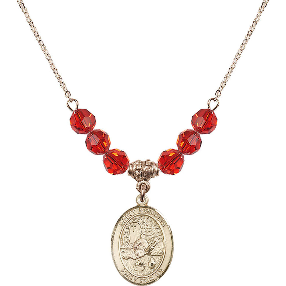 14kt Gold Filled Saint Rosalia Birthstone Necklace with Ruby Beads - 8309
