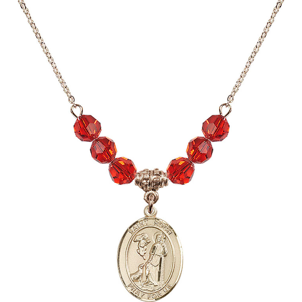 14kt Gold Filled Saint Roch Birthstone Necklace with Ruby Beads - 8310