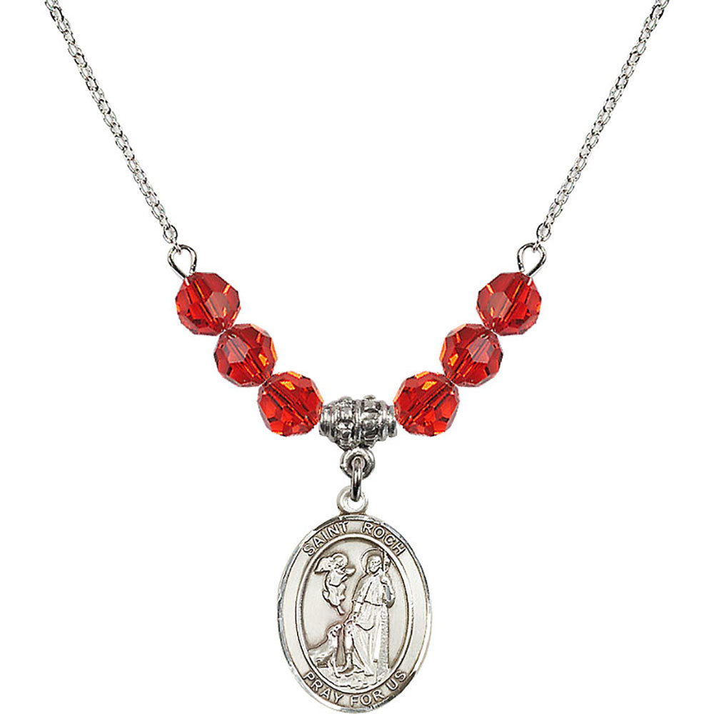 Sterling Silver Saint Roch Birthstone Necklace with Ruby Beads - 8310