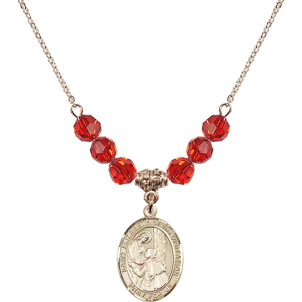 14kt Gold Filled Saint Elizabeth of the Visitation Birthstone Necklace with Ruby Beads - 8311