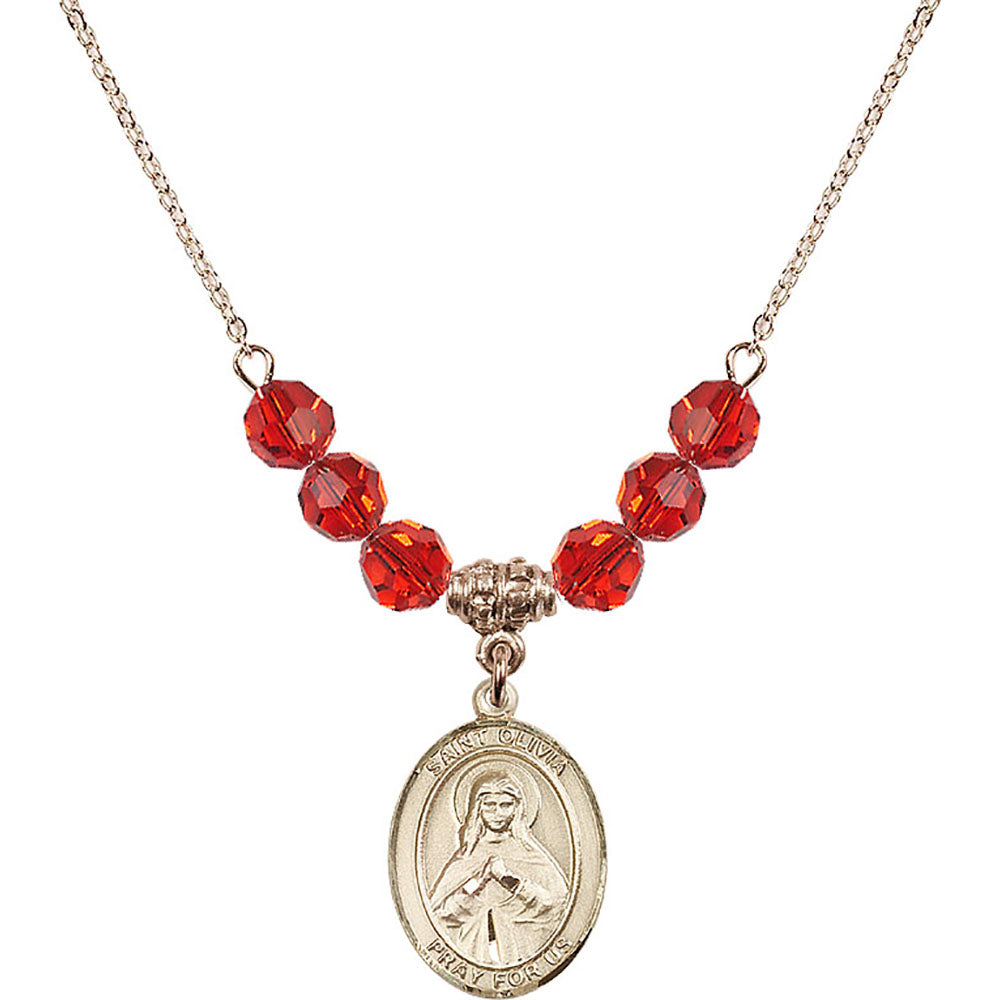 14kt Gold Filled Saint Olivia Birthstone Necklace with Ruby Beads - 8312
