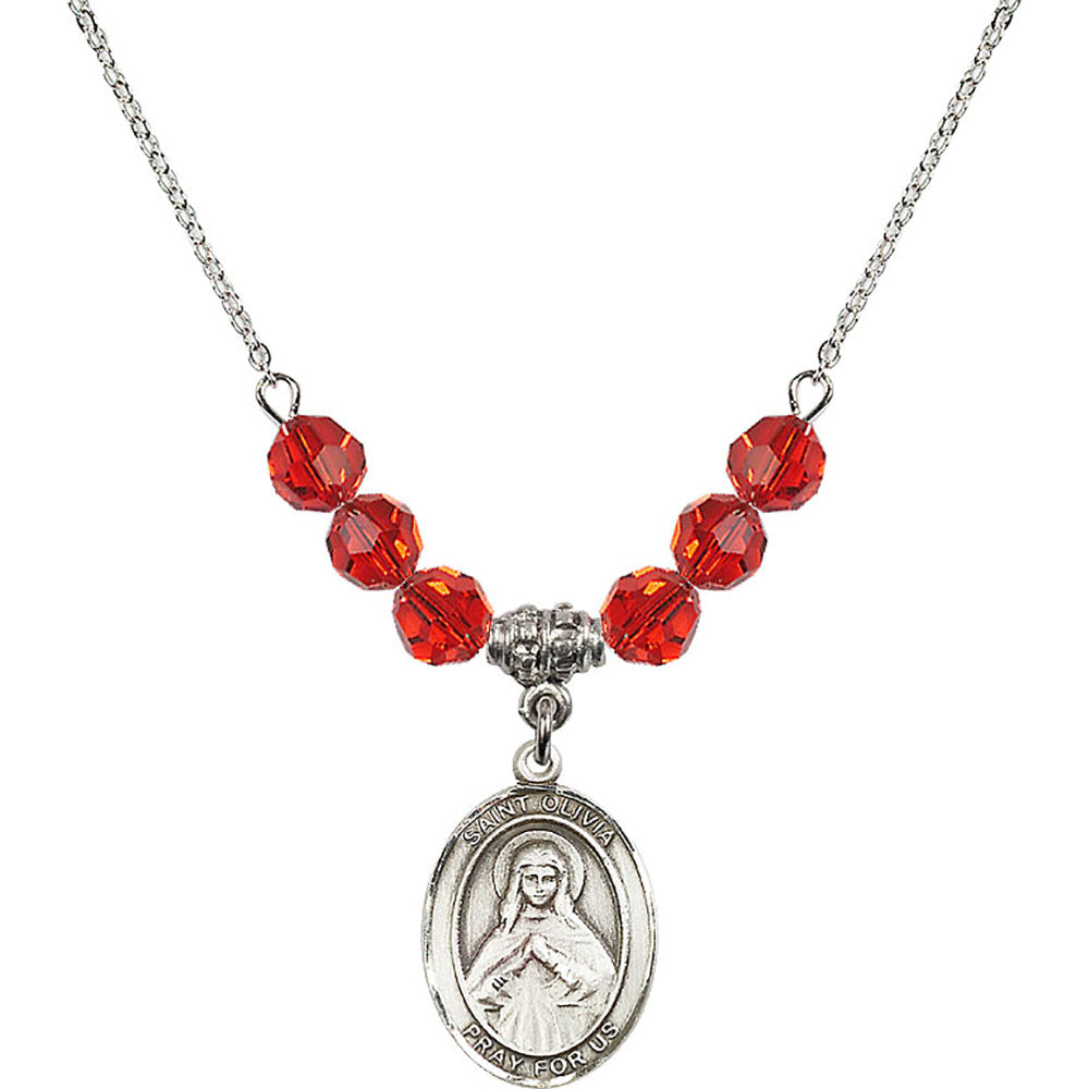 Sterling Silver Saint Olivia Birthstone Necklace with Ruby Beads - 8312
