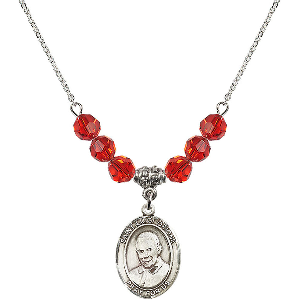 Sterling Silver Saint Luigi Orione Birthstone Necklace with Ruby Beads - 8326