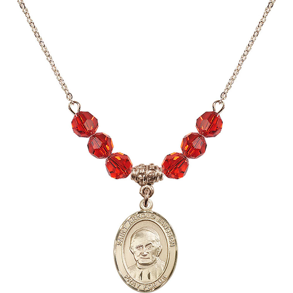 14kt Gold Filled Saint Arnold Janssen Birthstone Necklace with Ruby Beads - 8328