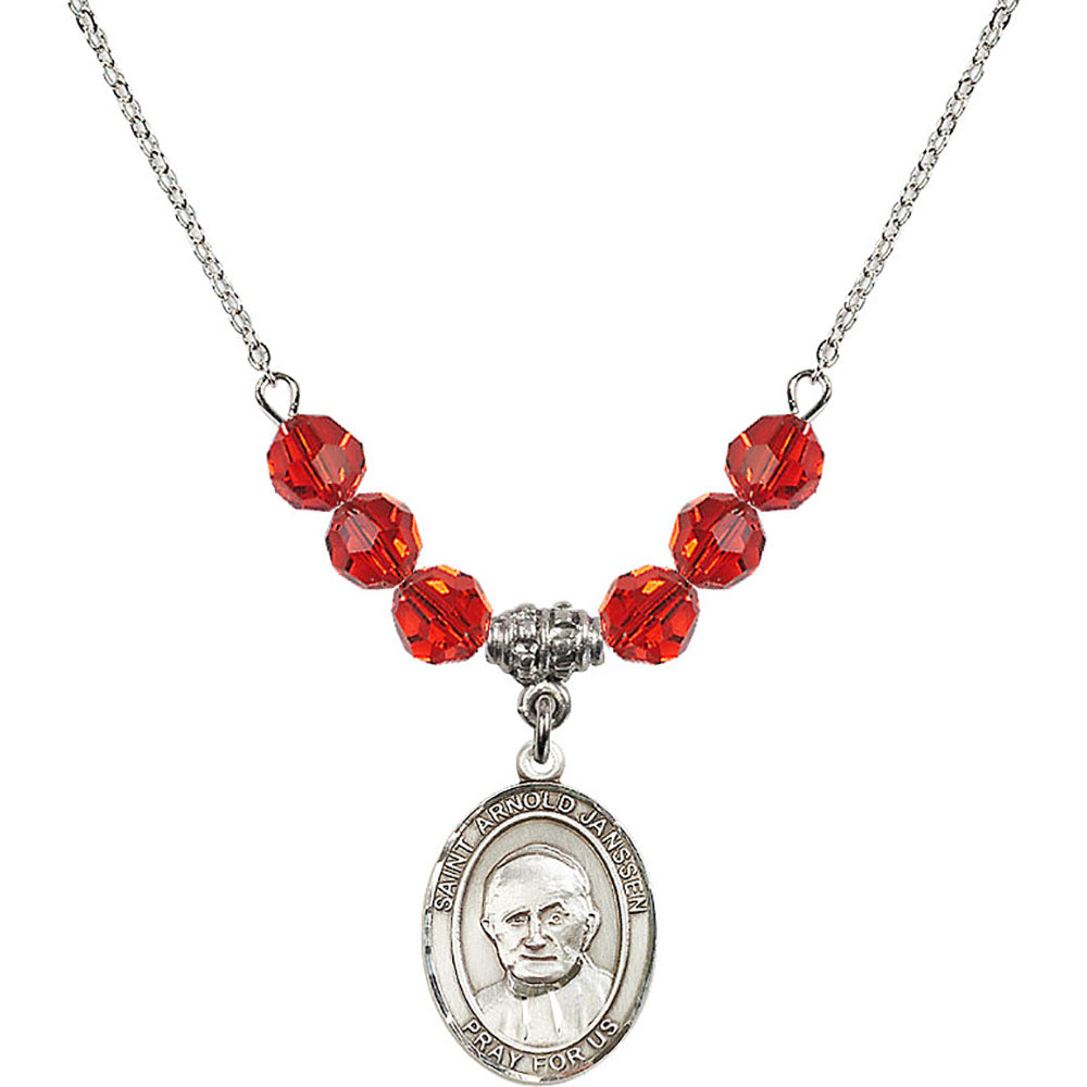 Sterling Silver Saint Arnold Janssen Birthstone Necklace with Ruby Beads - 8328