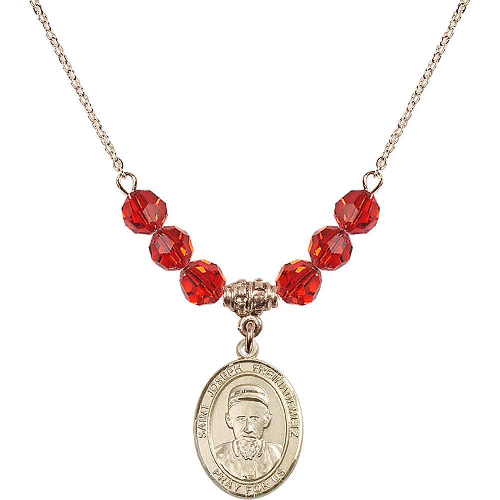 14kt Gold Filled Saint Joseph Freinademetz Birthstone Necklace with Ruby Beads - 8329