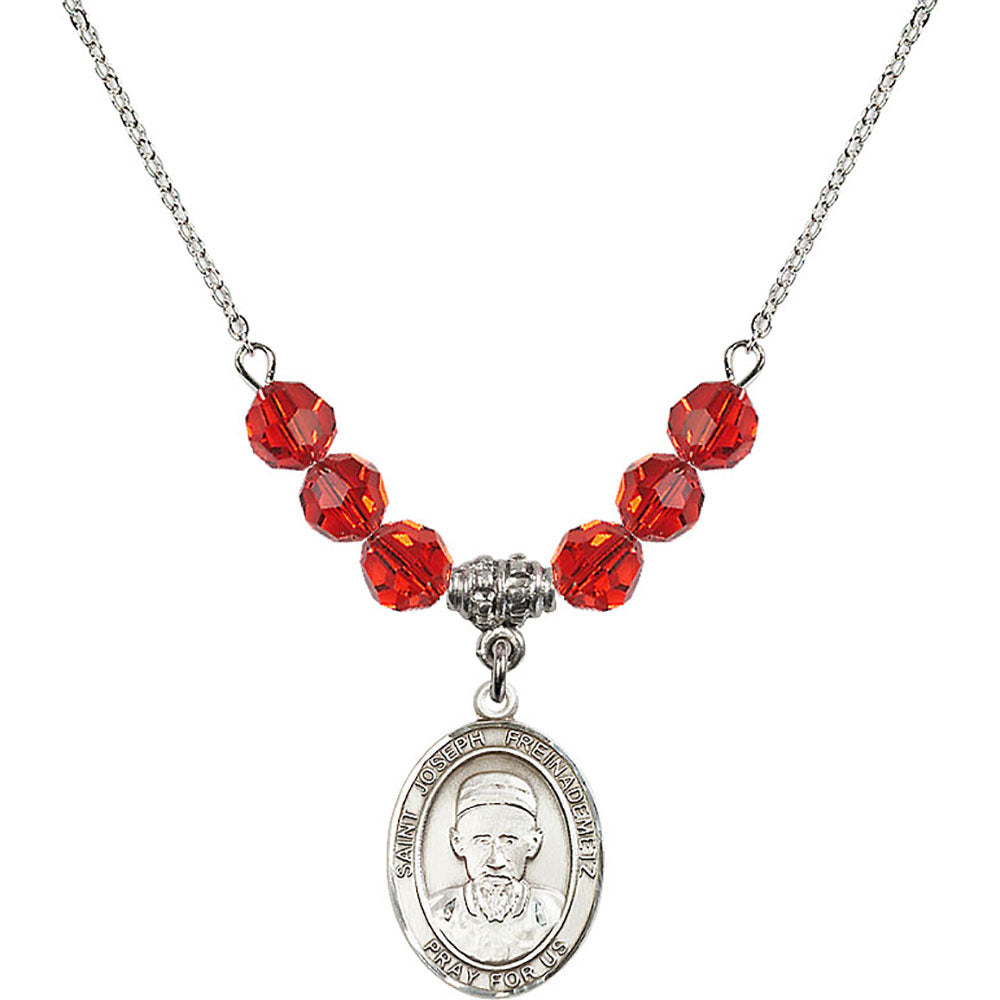 Sterling Silver Saint Joseph Freinademetz Birthstone Necklace with Ruby Beads - 8329