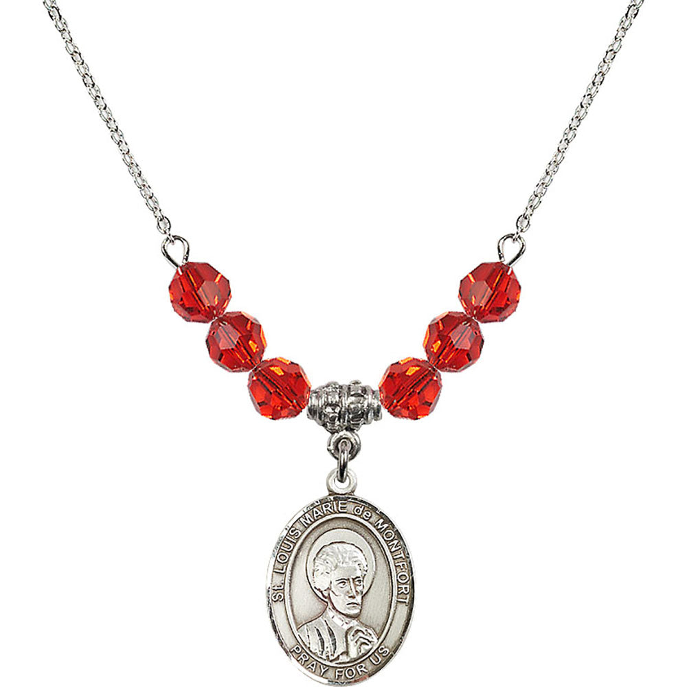Sterling Silver Saint Louis Marie de Montfort Birthstone Necklace with Ruby Beads - 8330