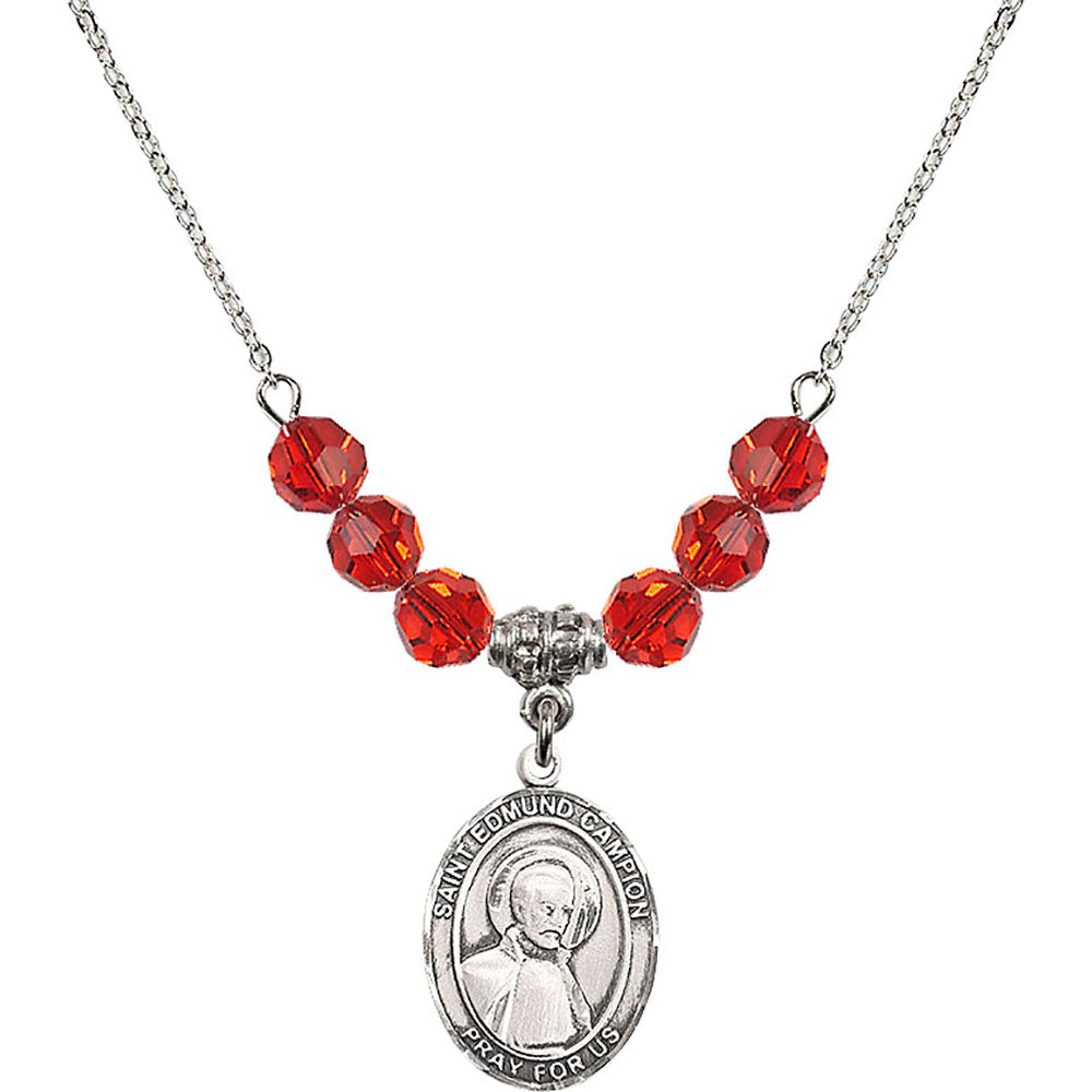 Sterling Silver Saint Edmund Campion Birthstone Necklace with Ruby Beads - 8333