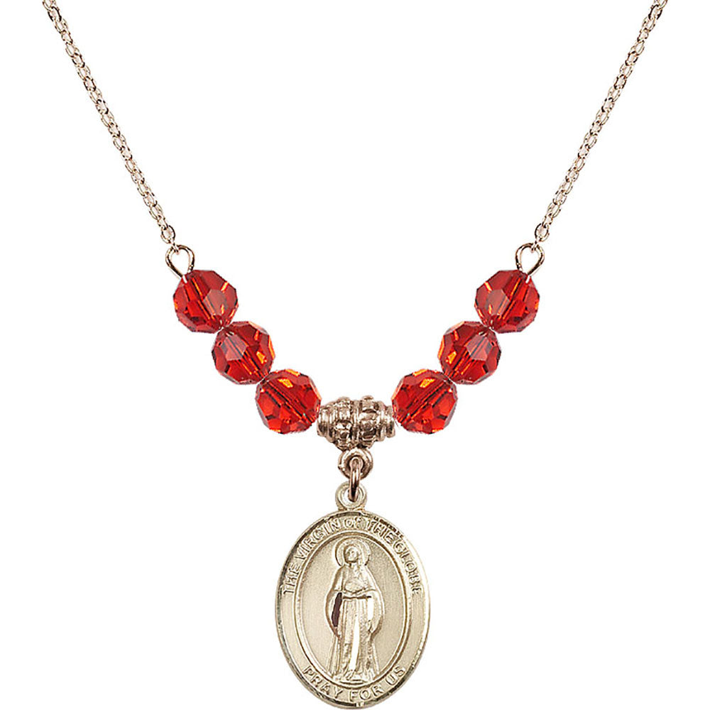 14kt Gold Filled Virgin of the Globe Birthstone Necklace with Ruby Beads - 8345