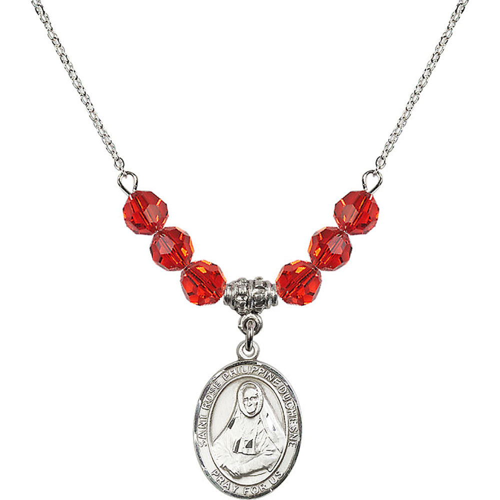 Sterling Silver Saint Rose Philippine Duchesne Birthstone Necklace with Ruby Beads - 8371