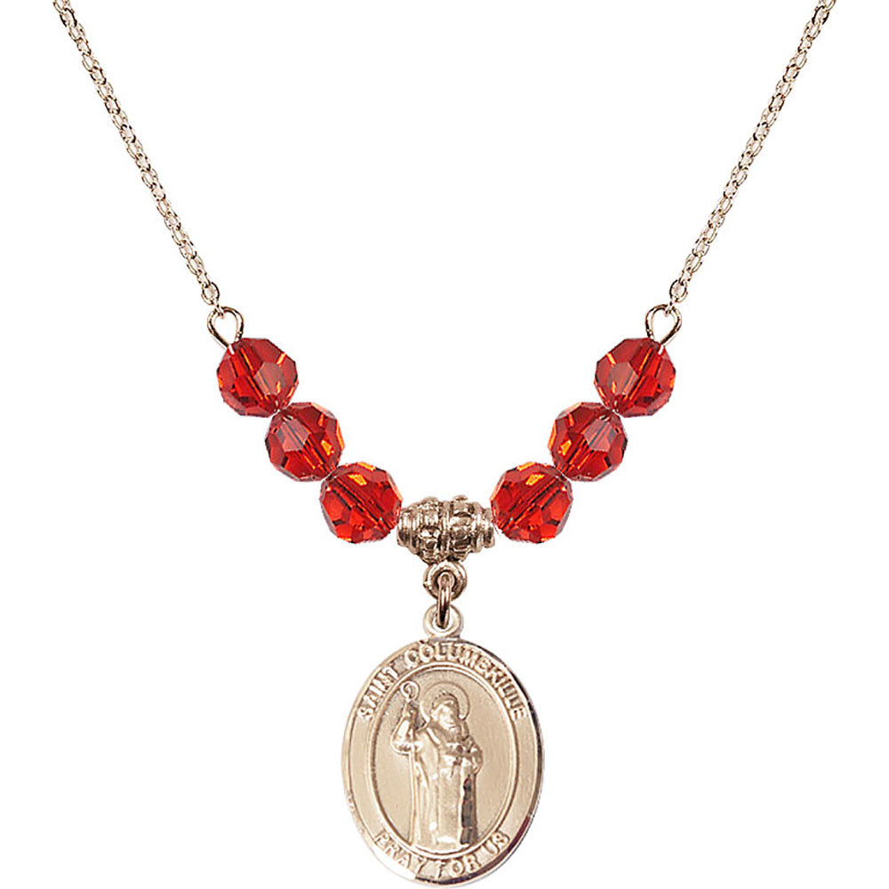 14kt Gold Filled Saint Columbkille Birthstone Necklace with Ruby Beads - 8399