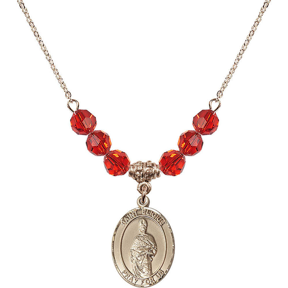 14kt Gold Filled Saint Eligius Birthstone Necklace with Ruby Beads - 8402
