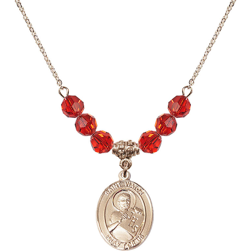 14kt Gold Filled Saint Viator of Bergamo Birthstone Necklace with Ruby Beads - 8408