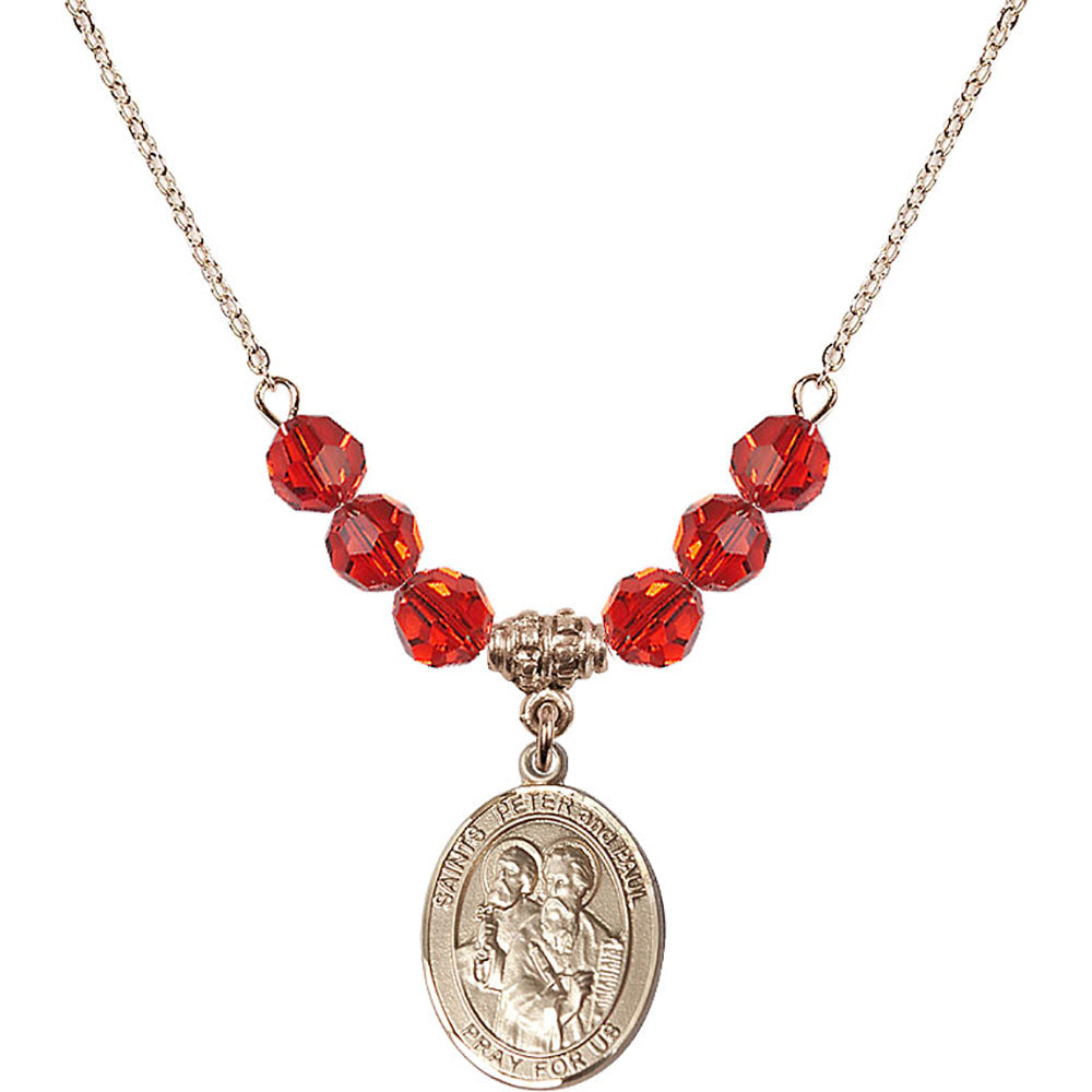 14kt Gold Filled Saints Peter & Paul Birthstone Necklace with Ruby Beads - 8410