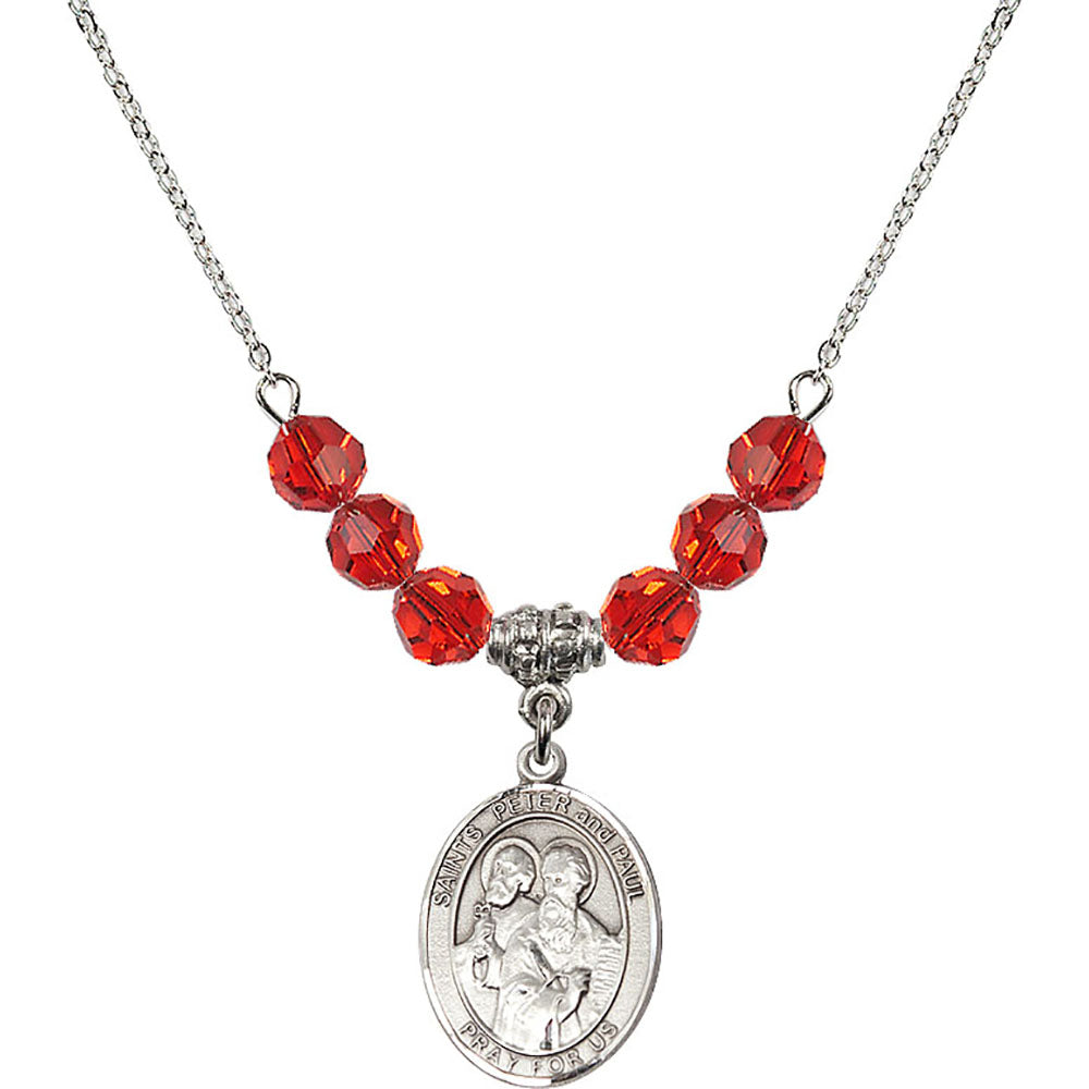 Sterling Silver Saints Peter & Paul Birthstone Necklace with Ruby Beads - 8410