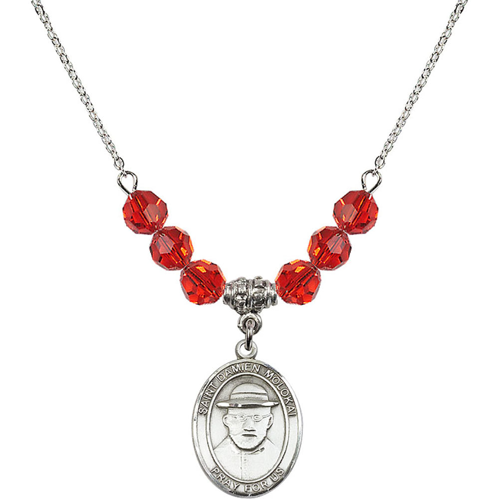 Sterling Silver Saint Damien of Molokai Birthstone Necklace with Ruby Beads - 8412