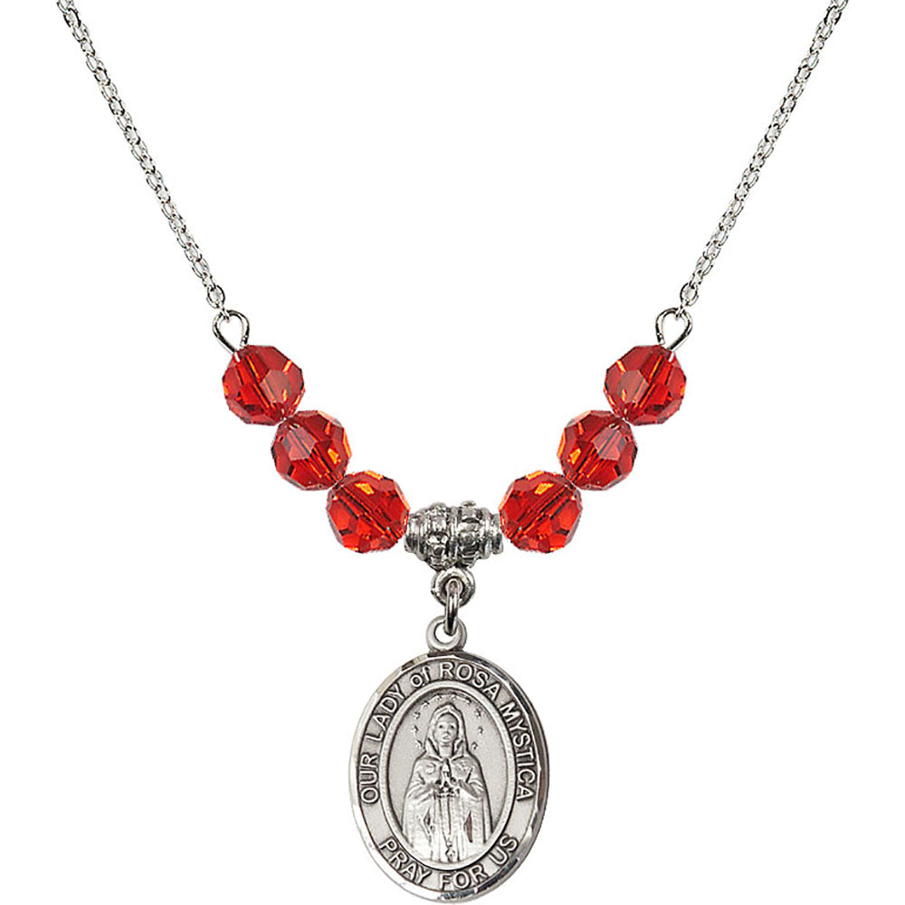 Sterling Silver Our Lady of Rosa Mystica Birthstone Necklace with Ruby Beads - 8413