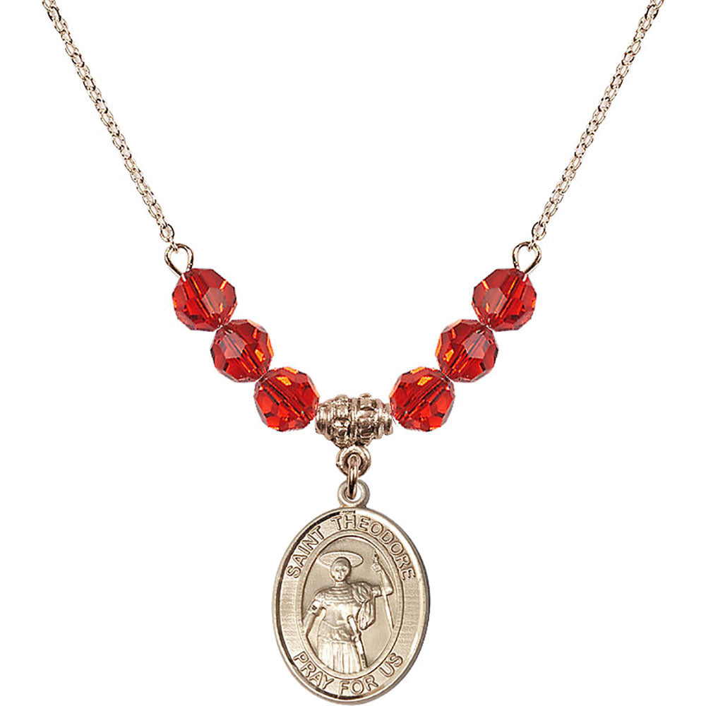 14kt Gold Filled Saint Theodore Stratelates Birthstone Necklace with Ruby Beads - 8415