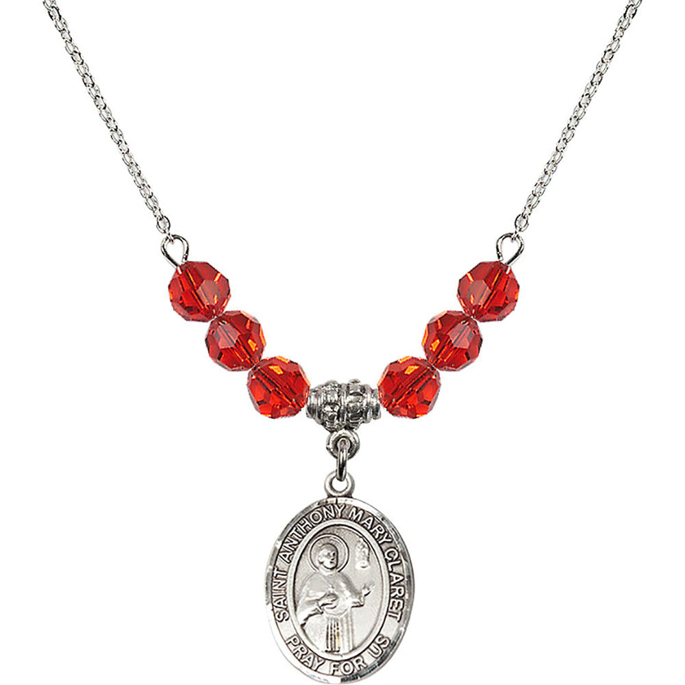 Sterling Silver Saint Anthony Mary Claret Birthstone Necklace with Ruby Beads - 8416