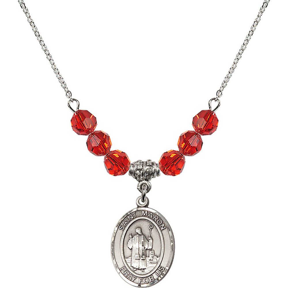 Sterling Silver Saint Maron Birthstone Necklace with Ruby Beads - 8417