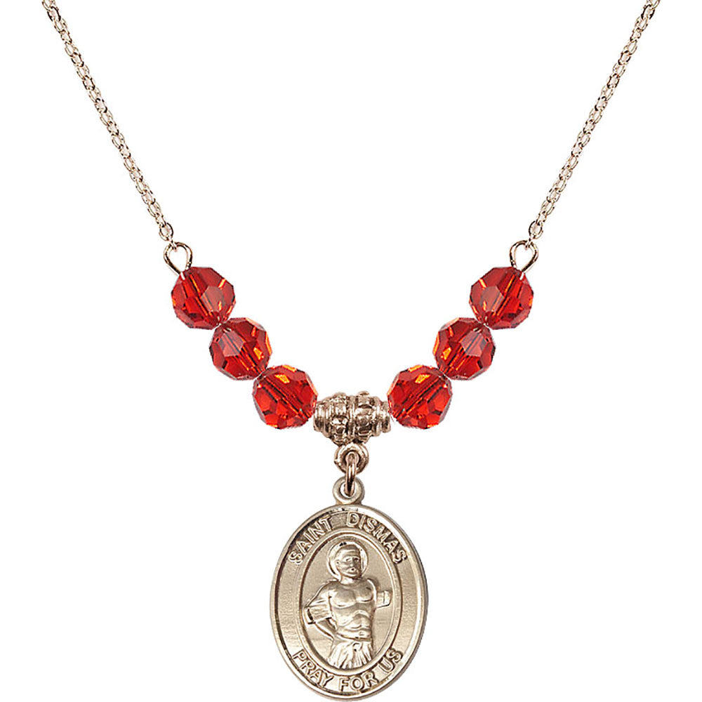 14kt Gold Filled Saint Dismas Birthstone Necklace with Ruby Beads - 8418