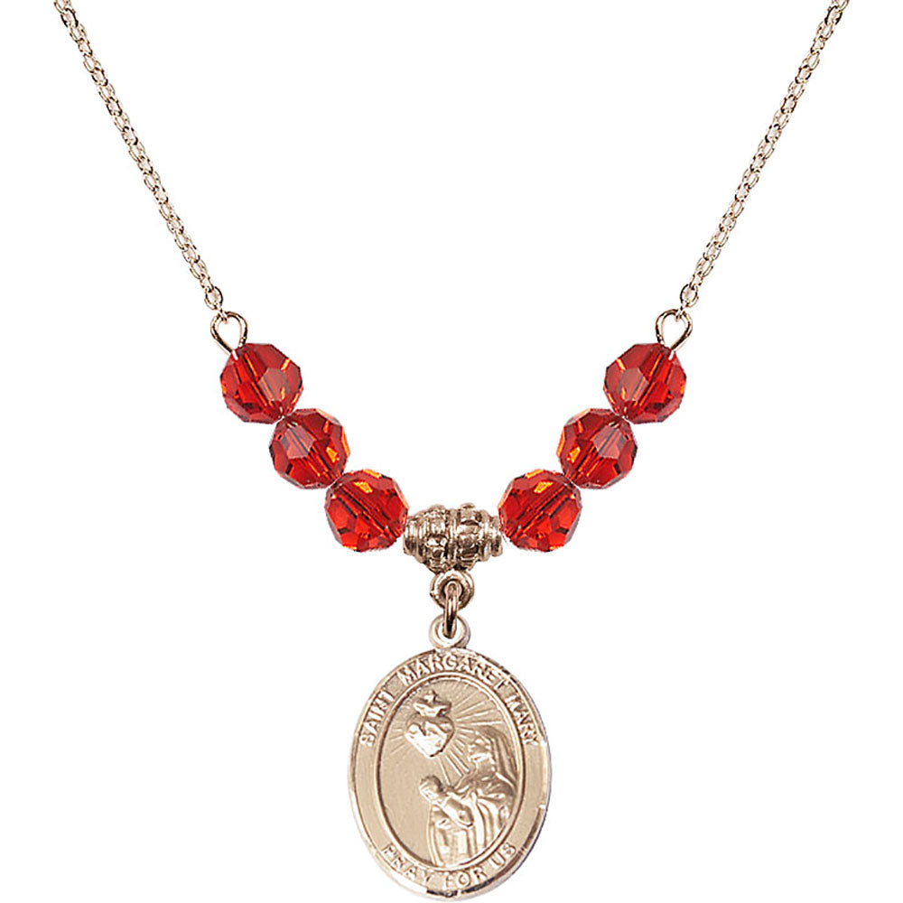 14kt Gold Filled Saint Margaret Mary Alacoque Birthstone Necklace with Ruby Beads - 8420