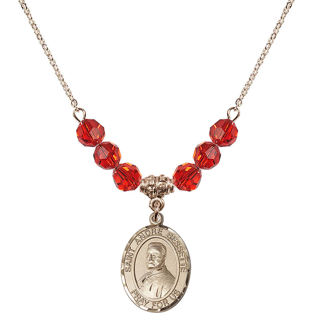 14kt Gold Filled Saint Andre Bessette Birthstone Necklace with Ruby Beads - 8424