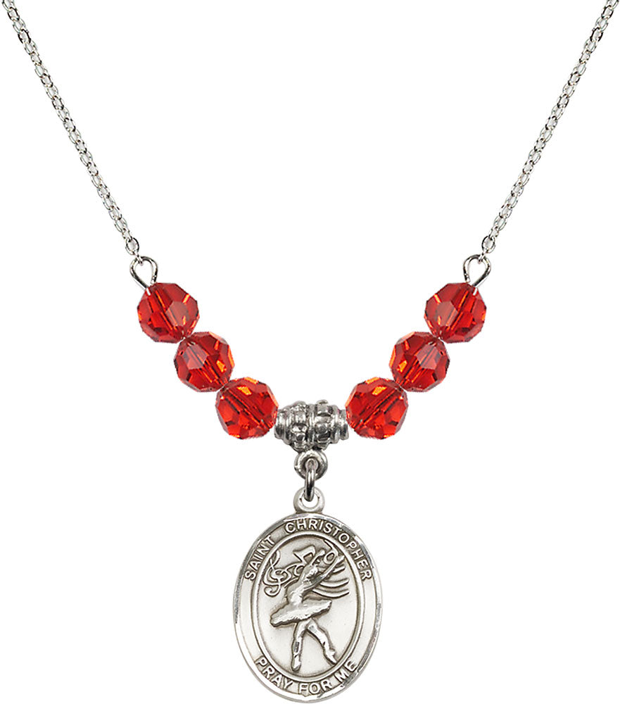 Sterling Silver Saint Christopher/Dance Birthstone Necklace with Ruby Beads - 8512