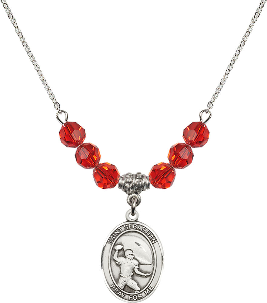Sterling Silver Saint Sebastian / Football Birthstone Necklace with Ruby Beads - 8601