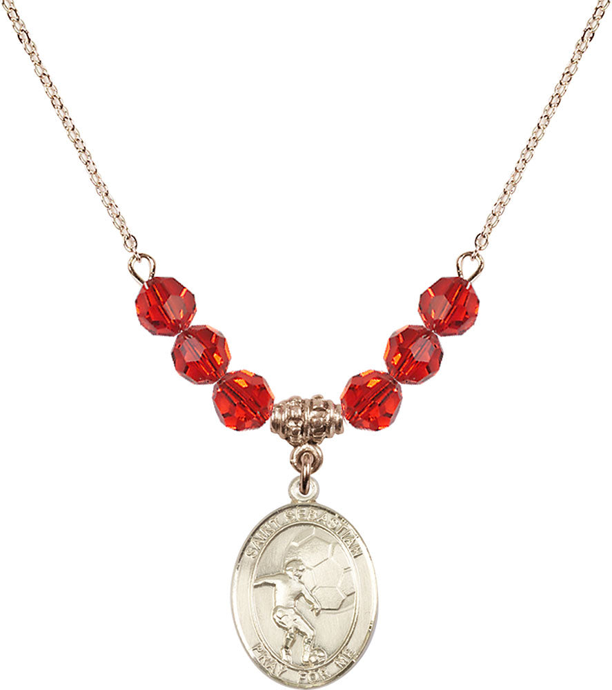 14kt Gold Filled Saint Sebastian / Soccer Birthstone Necklace with Ruby Beads - 8603