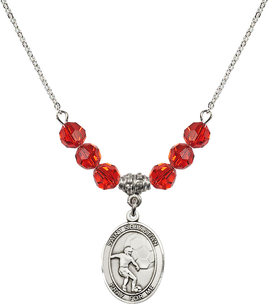 Sterling Silver Saint Sebastian / Soccer Birthstone Necklace with Ruby Beads - 8603
