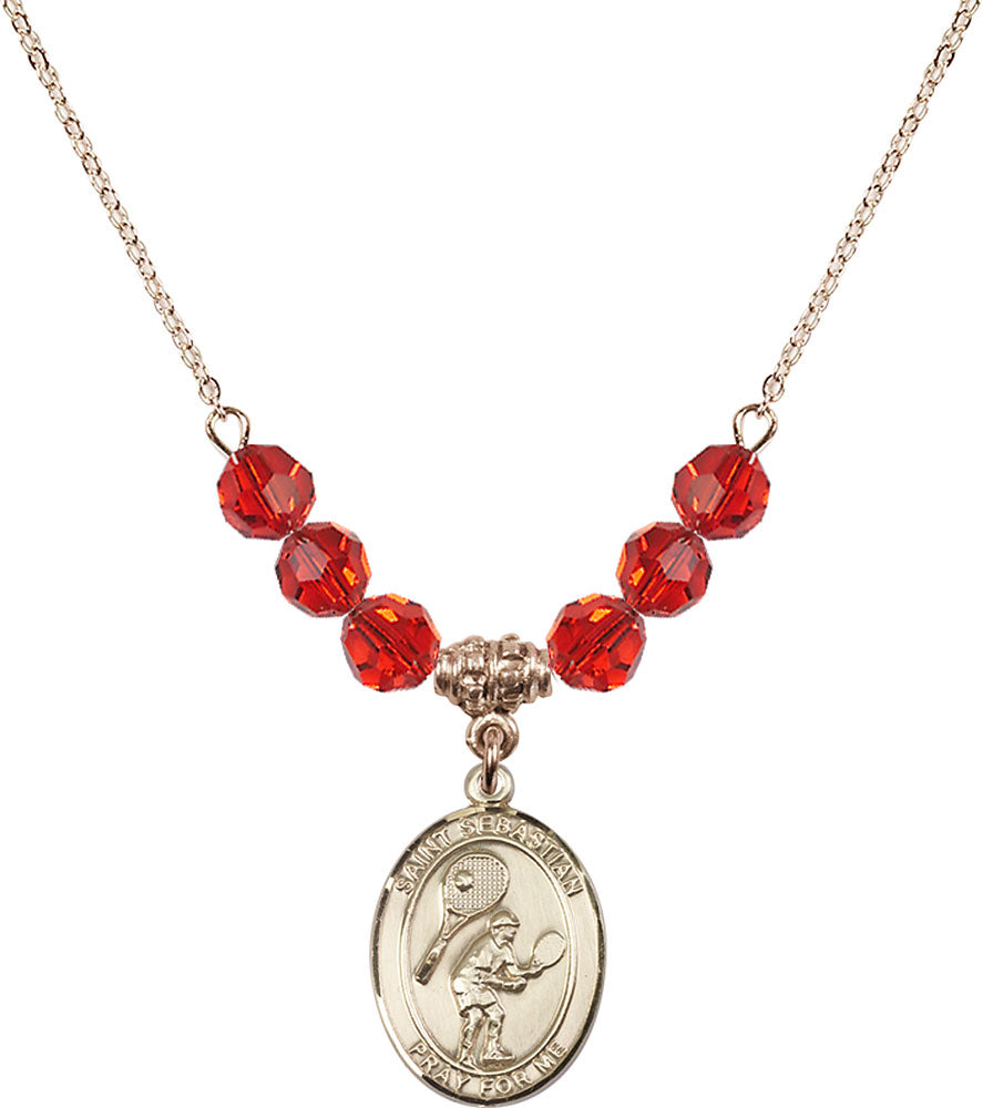 14kt Gold Filled Saint Sebastian / Tennis Birthstone Necklace with Ruby Beads - 8605