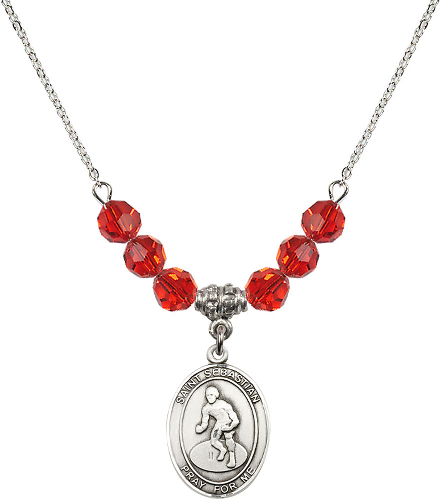 Sterling Silver Saint Sebastian/Wrestling Birthstone Necklace with Ruby Beads - 8608