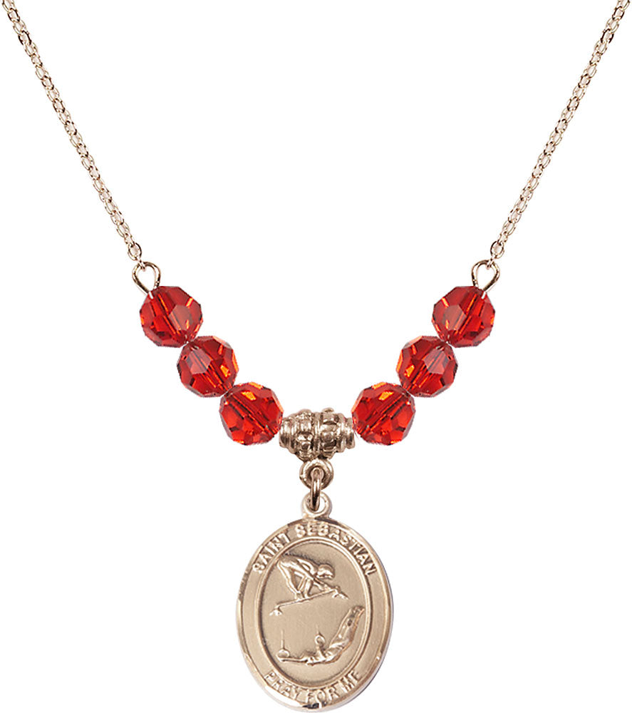 14kt Gold Filled Saint Sebastian/Gymnastics Birthstone Necklace with Ruby Beads - 8613