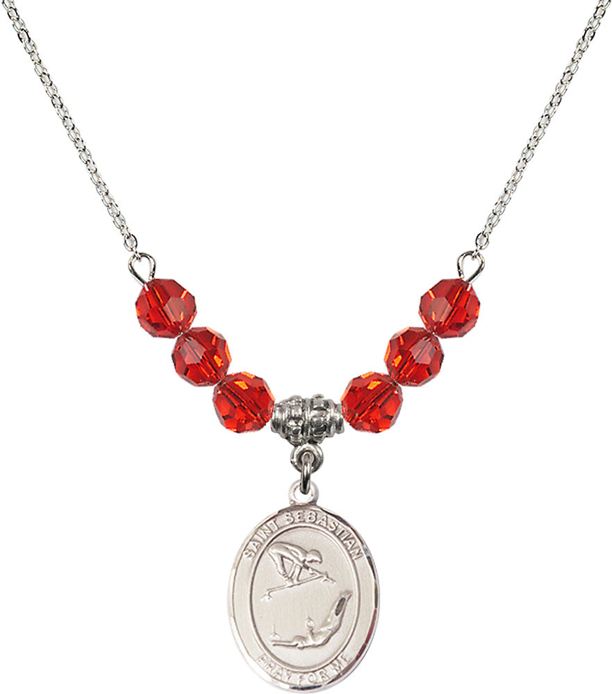 Sterling Silver Saint Sebastian/Gymnastics Birthstone Necklace with Ruby Beads - 8613