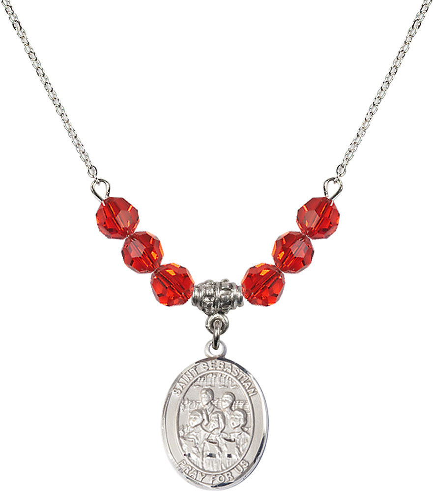 Sterling Silver Saint Sebastian / Choir Birthstone Necklace with Ruby Beads - 8614