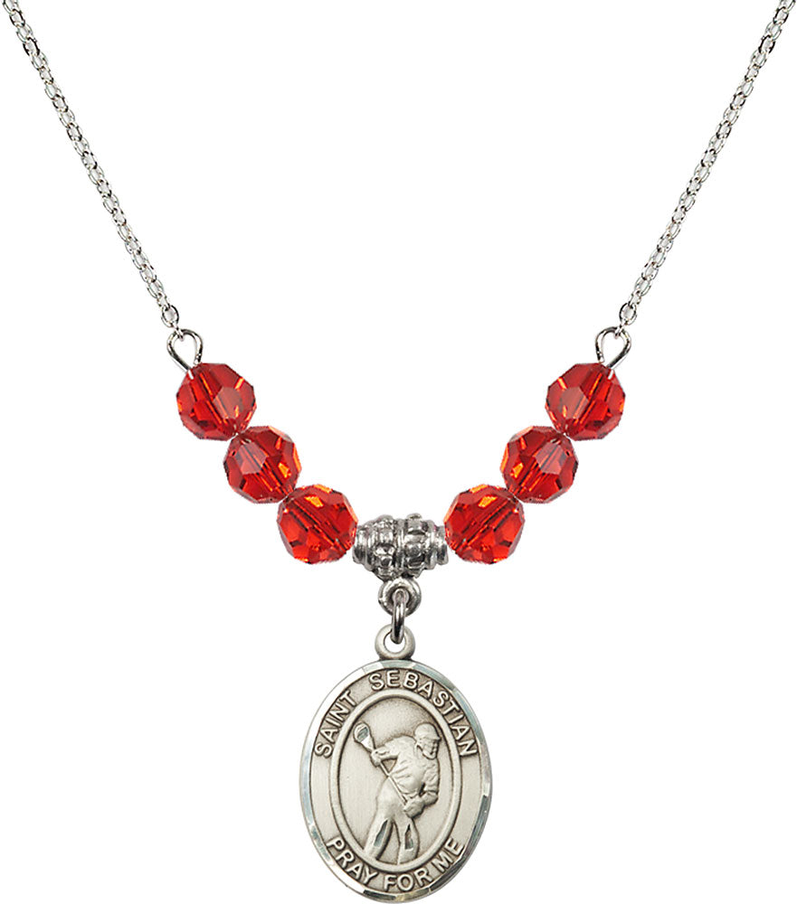 Sterling Silver Saint Sebastian/Lacrosse Birthstone Necklace with Ruby Beads - 8616