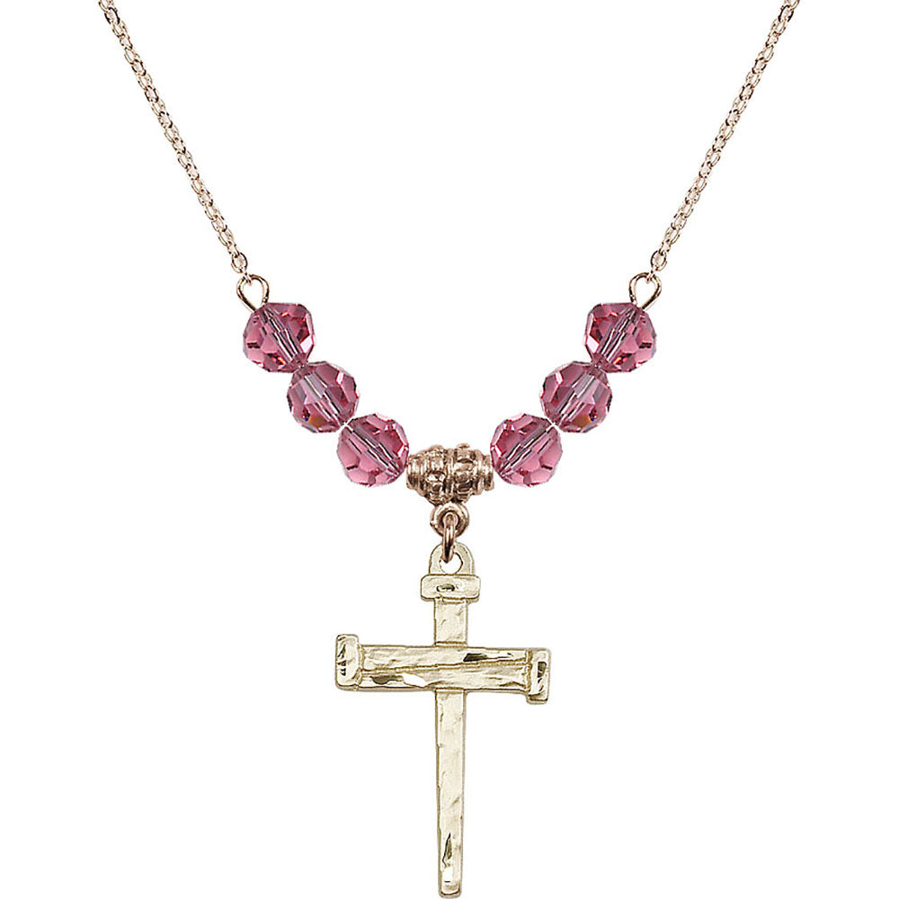 14kt Gold Filled Nail Cross Birthstone Necklace with Rose Beads - 0013