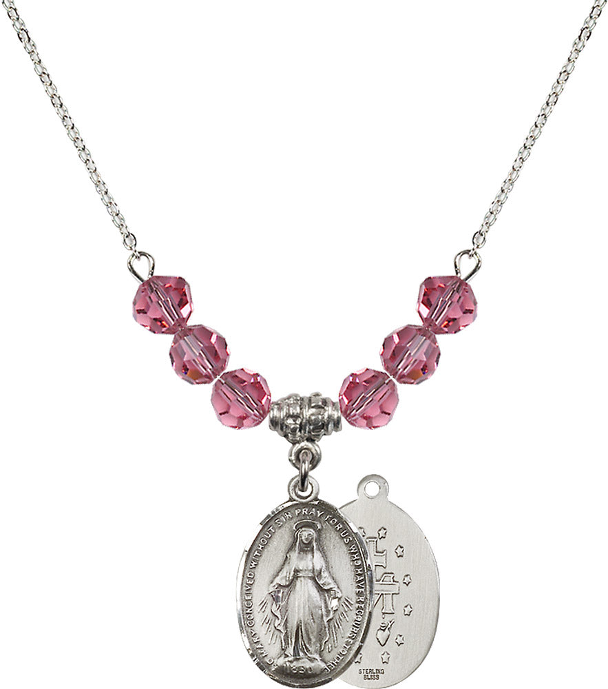 Sterling Silver Miraculous Birthstone Necklace with Rose Beads - 0015