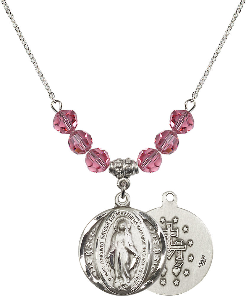 Sterling Silver Miraculous Birthstone Necklace with Rose Beads - 0017