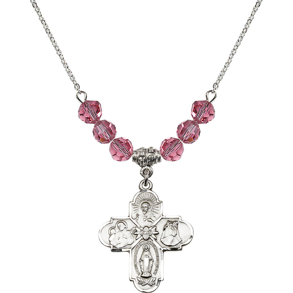 Sterling Silver 4-Way Birthstone Necklace with Rose Beads - 0043