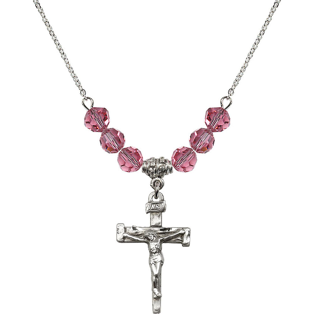 Sterling Silver Nail Crucifix Birthstone Necklace with Rose Beads - 0073