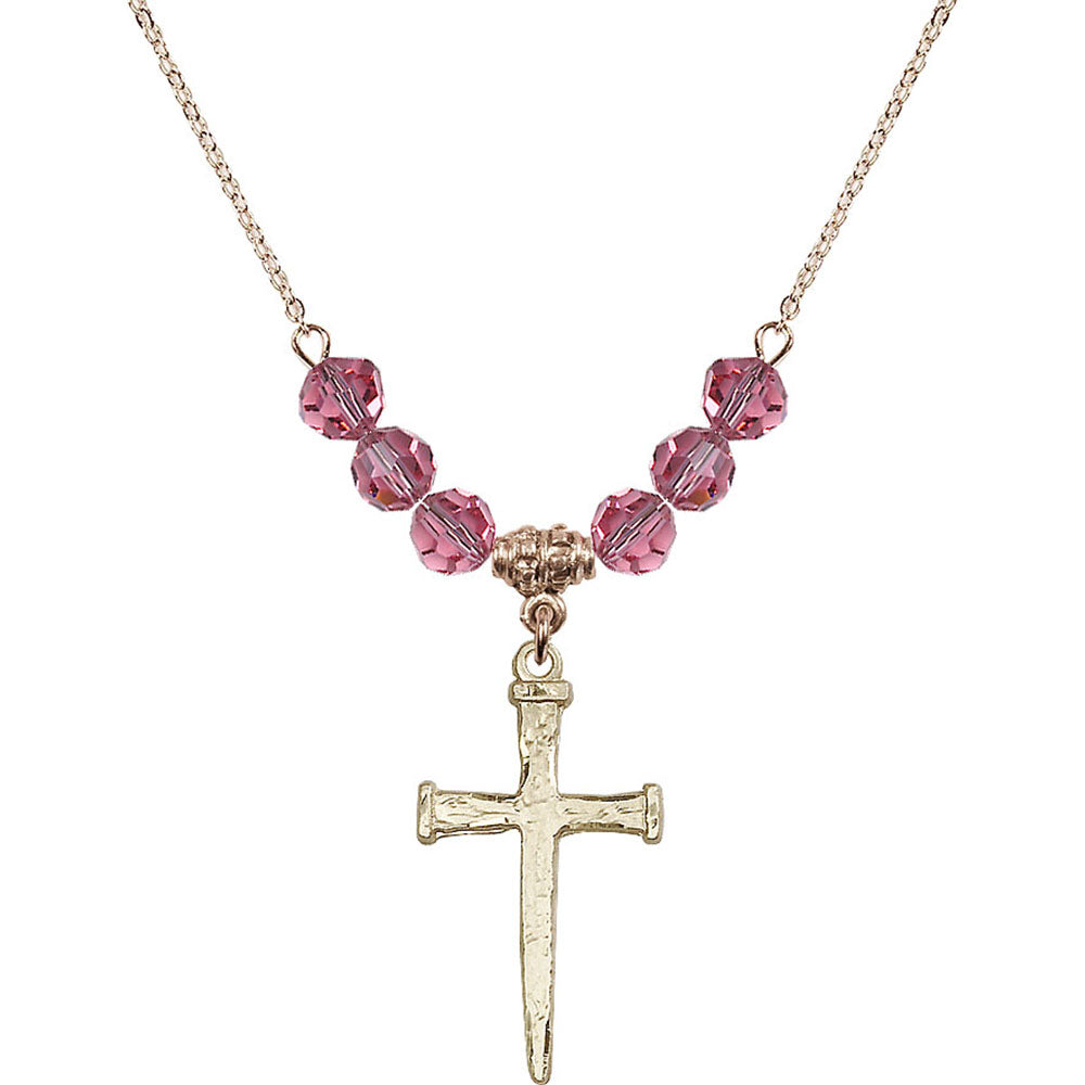 14kt Gold Filled Nail Cross Birthstone Necklace with Rose Beads - 0085