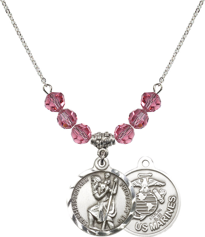 Sterling Silver Saint Christopher / Marines Birthstone Necklace with Rose Beads - 0192